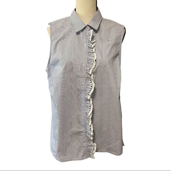 Izod Sleeveless Cotton Blouse accented with Eyelet Ruffle down the Front - Large - Picture 2 of 8